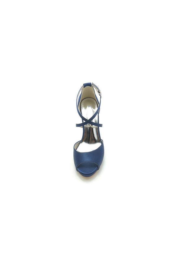 Navy Blue High Heels with Crossed Straps - KissProm