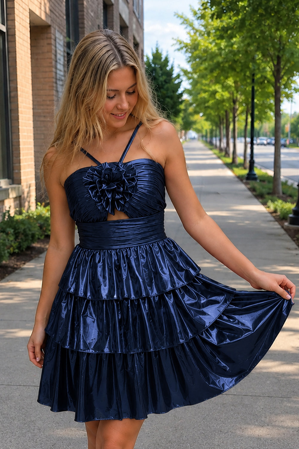 Navy Blue Keyhole A Line Metallic Homecoming Dress With Flower | KISSPROM