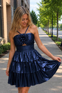 Navy Blue Keyhole A Line Metallic Homecoming Dress With Flower | KISSPROM