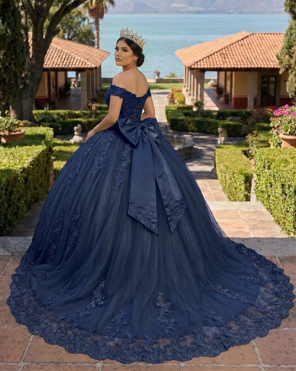 Navy Blue Lace Tulle Applique Off Shoulder Quinceanera Dresses (2) | KISSPROM