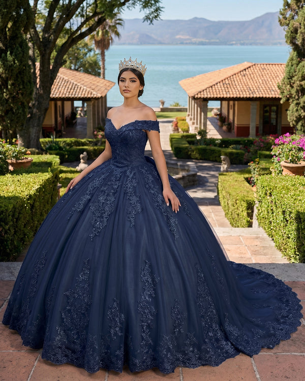 Navy Blue Lace Tulle Applique Off Shoulder Quinceanera Dresses | KISSPROM