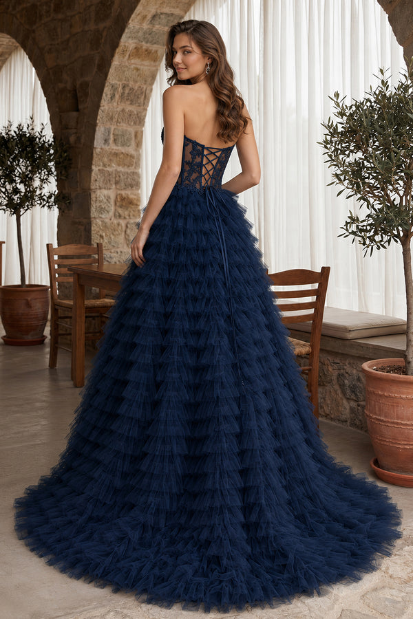 A-line Strapless Multi-Layers Tulle Prom Dress with Slit - KissProm