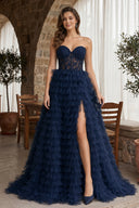 A-line Strapless Multi-Layers Tulle Prom Dress with Slit - KissProm