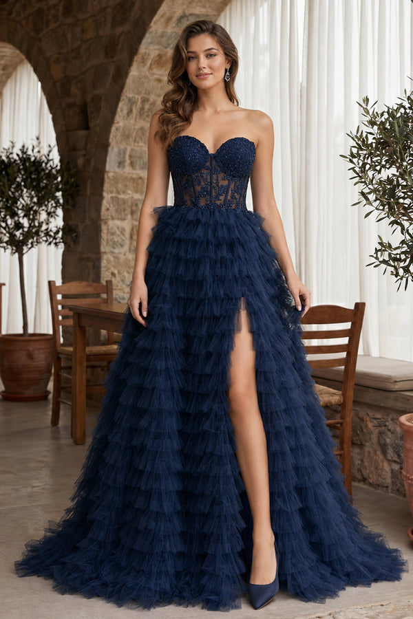 A-line Strapless Multi-Layers Tulle Prom Dress with Slit - KissProm