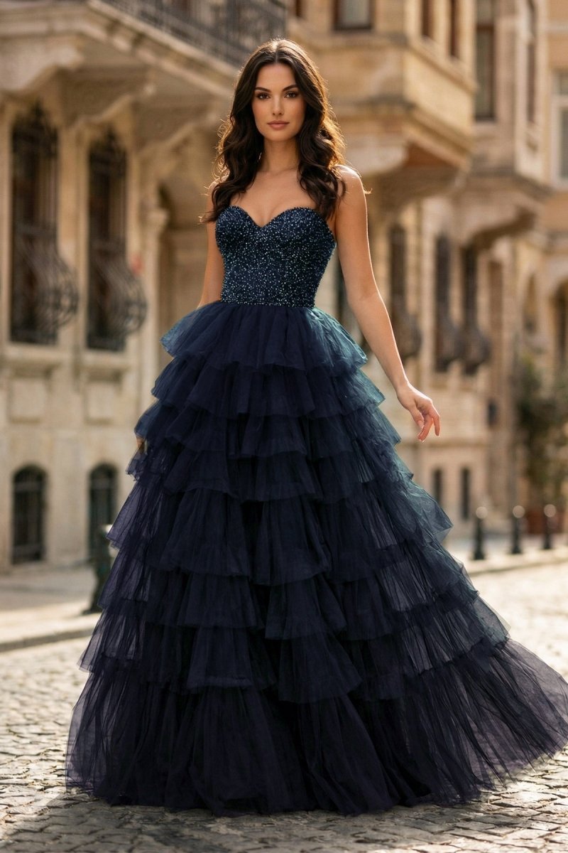 KissProm Spaghetti Straps Sweetheart Layered Tulle Formal Prom Dress with Slit, Navy Blue / 4