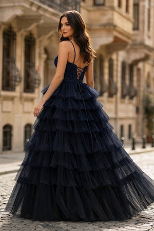 Spaghetti Straps Sweetheart Layered Tulle Formal Prom Dress with Slit - KissProm