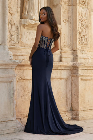 KissProm-Navy Blue Mermaid Strapless Satin Beaded Long Prom Dresses With Slit