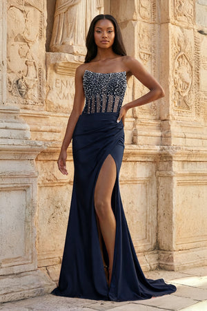 KissProm-Navy Blue Mermaid Strapless Satin Beaded Long Prom Dresses With Slit