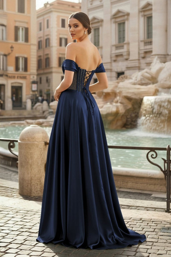 Navy Blue Off The Shoulder A Line Satin Beaded Long Formal Dress With Slit (2) | KISSPROM