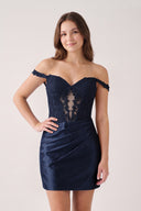Navy Blue Off The Shoulder Bodycon Satin Pleated Homecoming Dresses With Appliques | KISSPROM