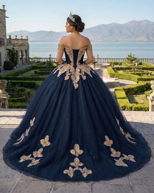 Navy Blue Off the Shoulder Quinceanera Dresses with Appliques (2) | KISSPROM