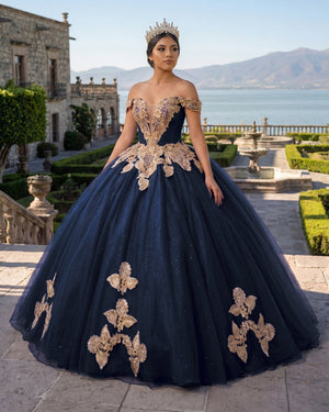 Navy Blue Off the Shoulder Quinceanera Dresses with Appliques | KISSPROM