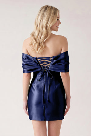 Navy Blue Off The Shoulder Satin Bodycon Short Homecoming Dress With Beading (2) | KISSPROM