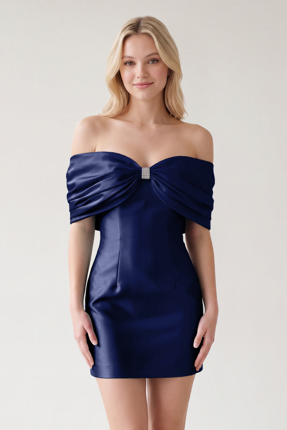 Navy Blue Off The Shoulder Satin Bodycon Short Homecoming Dress With Beading | KISSPROM
