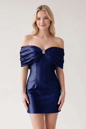 Navy Blue Off The Shoulder Satin Bodycon Short Homecoming Dress With Beading | KISSPROM