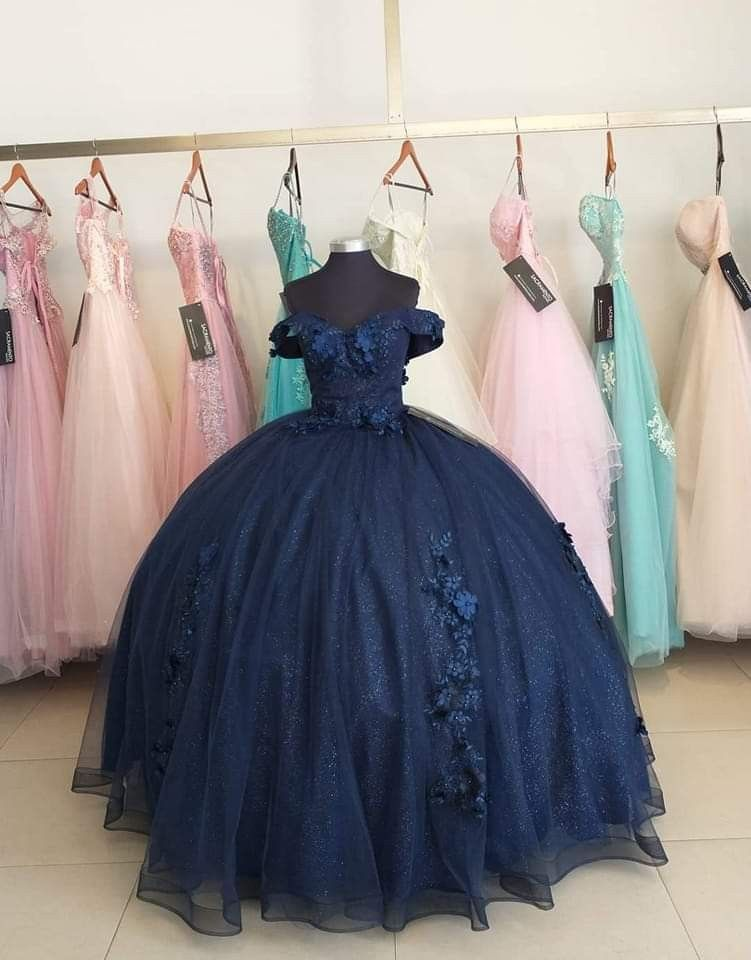 Navy Blue Organza Off The Shoulder Ball Gown Quinceanera Dress