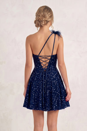 Navy Blue One Shoulder A Line Sequins Homecoming Dresses With Feathers (2) | KISSPROM