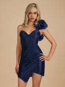 Navy Blue One Shoulder Bodycon Beaded Mini Party Dress With 3D Flower | KISSPROM