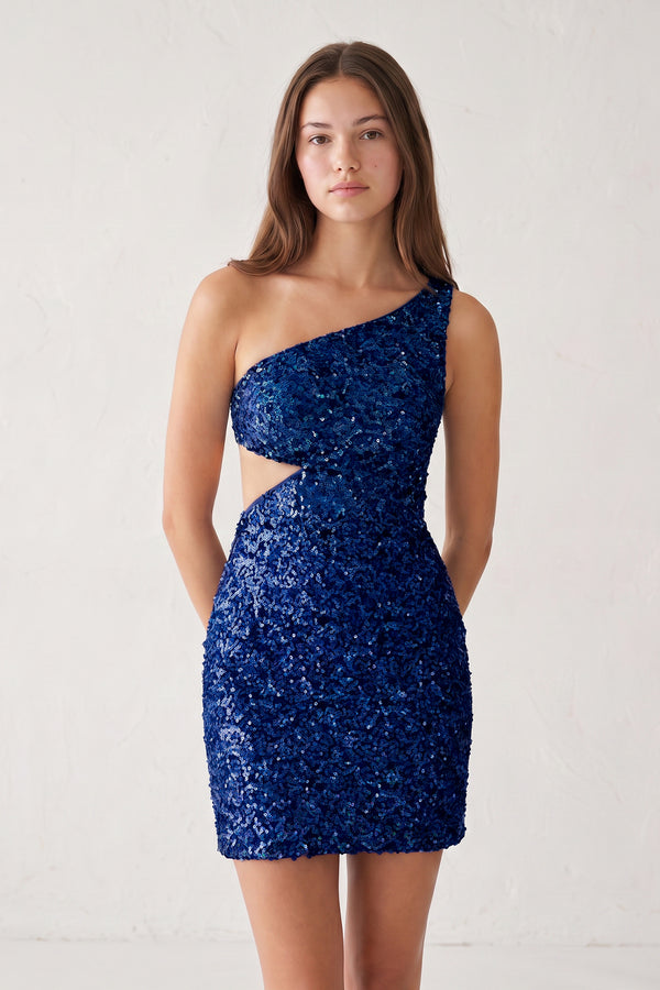 Navy Blue One Shoulder Sequins Bodycon Cut out Mini Homecoming Dresses | KISSPROM