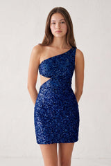 Navy Blue One Shoulder Sequins Bodycon Cutout Mini Party Dress | KISSPROM