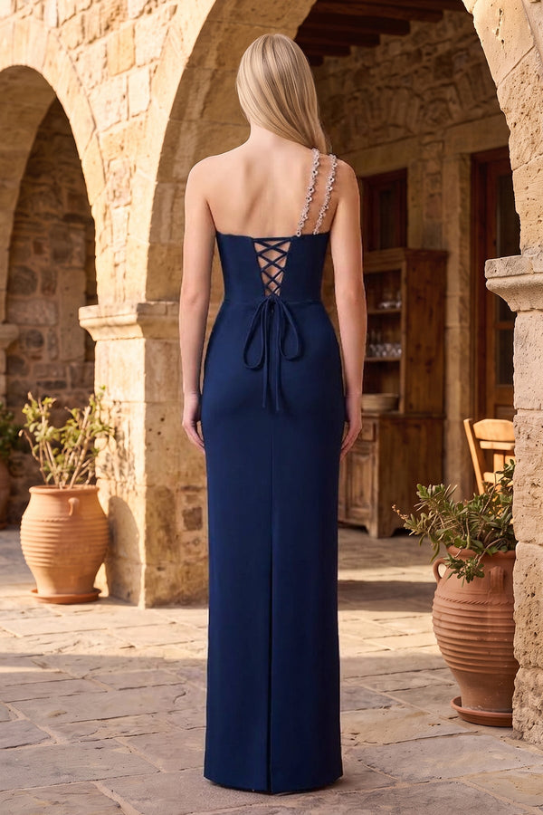 Navy Blue One Shoulder Sheath Corset Long Formal Dress With Rhinestones (2) | KISSPROM