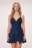 Navy Blue Organza Halter A-Line Pleated Ruffled Homecoming Dress | KISSPROM