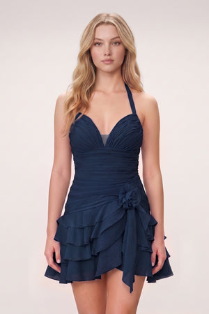 Navy Blue Organza Halter A-Line Pleated Ruffled Homecoming Dress | KISSPROM