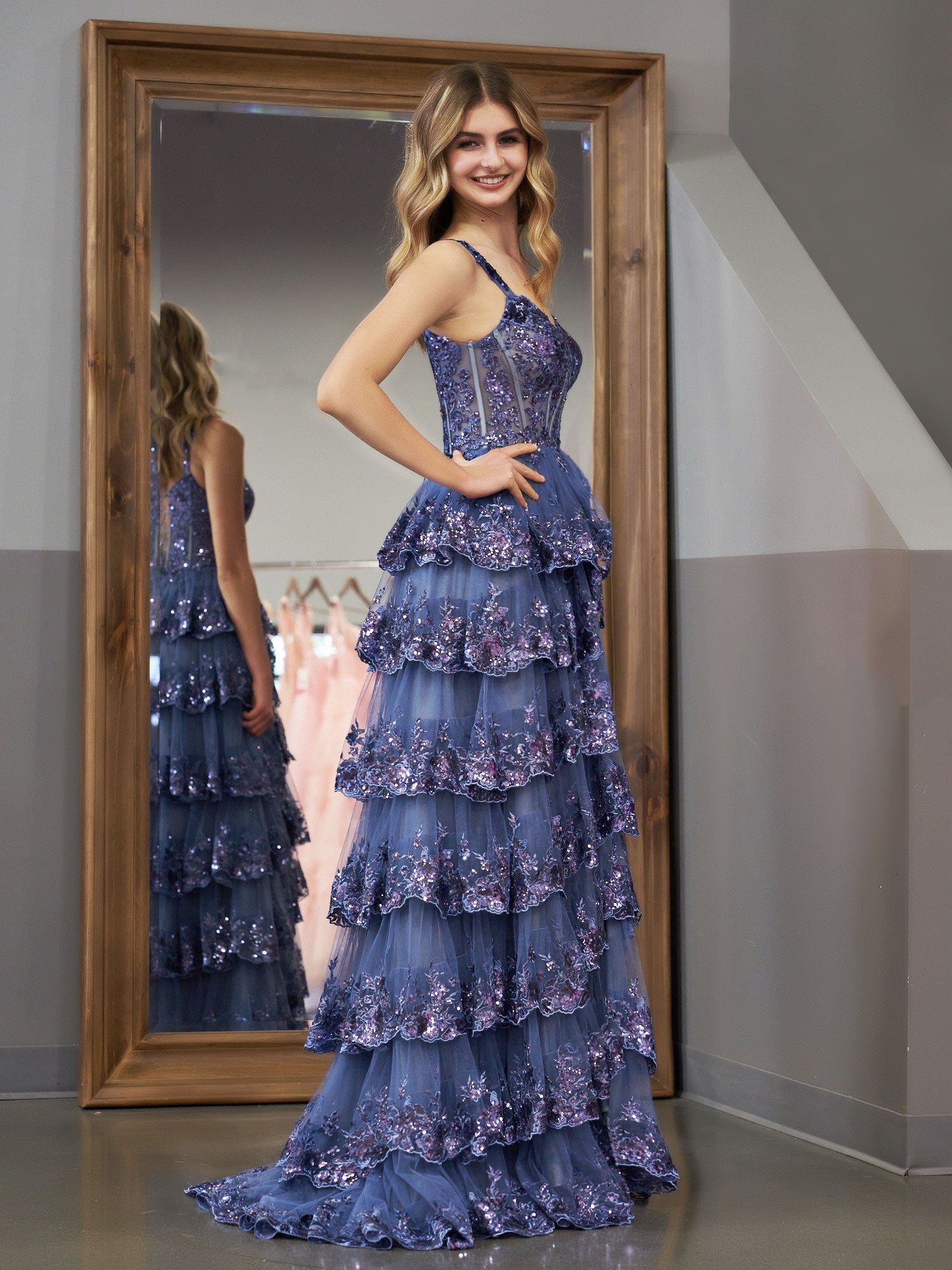 Grey Blue Princess A Line Off the Shoulder Corset Prom Dress with Lace Ruffles