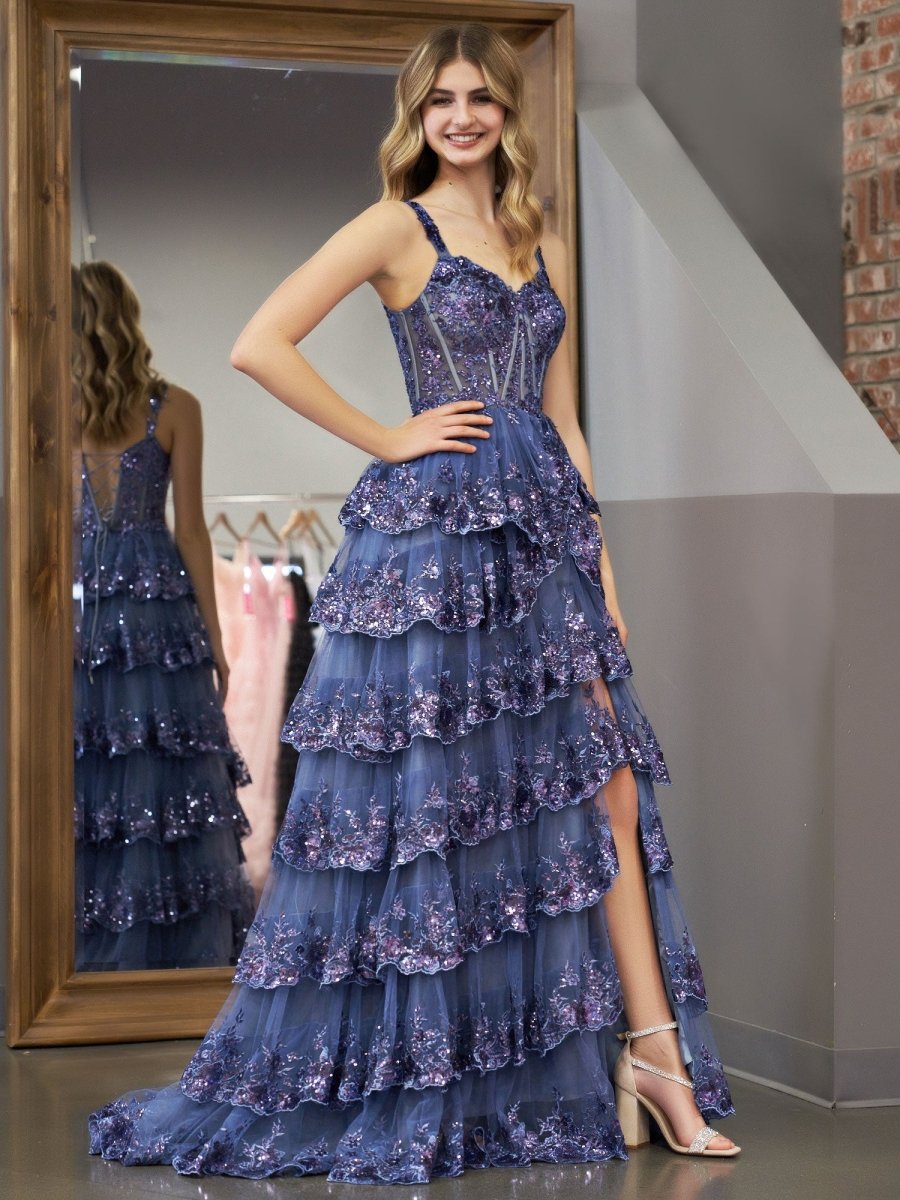 Light Blue Satin Chiffon Off the Shoulder Corset Prom Dresses With Appliques, PL710