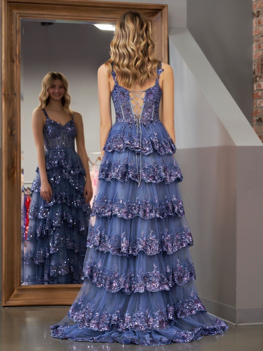 Grey Blue Princess A Line Spaghetti Straps Corset Prom Dress with Lace Ruffles Grey Blue / 2