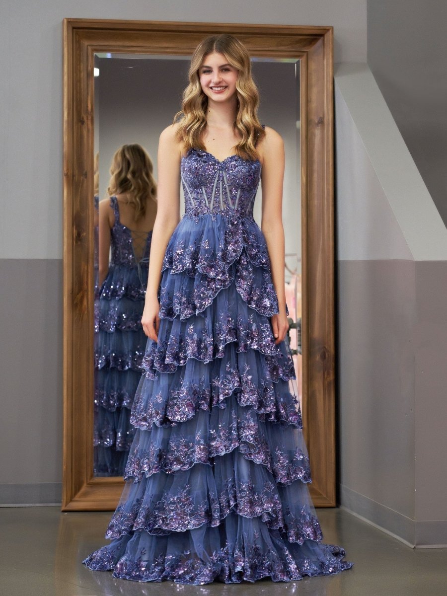 Princess A Line Dark Blue Off The Shoulder Long Tiered Ball Dress