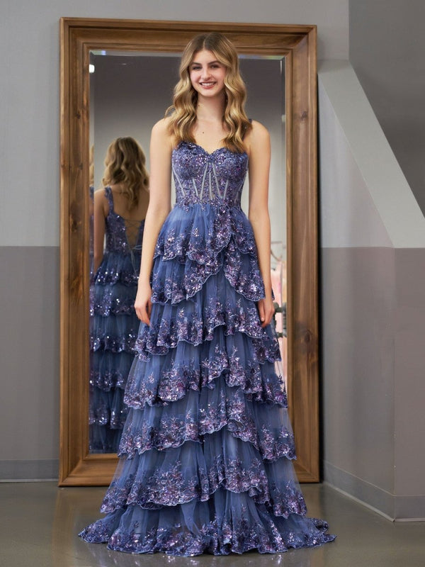 Grey Blue Princess A Line Off the Shoulder Corset Prom Dress with Lace Ruffles - KissProm