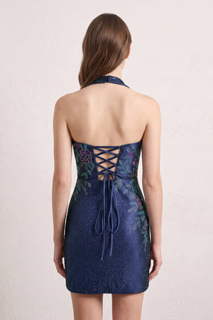 Navy Blue Sheath Halter Floral Homecoming Dress With Beading - KissDress