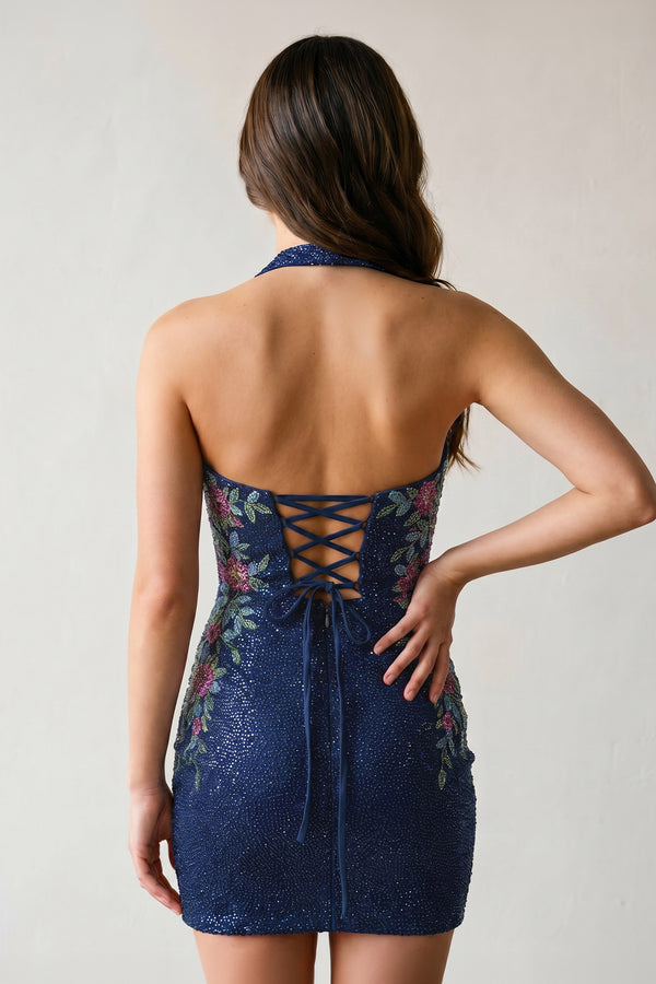 Navy Blue Sheath Halter Floral Homecoming Dress With Beading – Homecoming Dress by KissProm | Available at KissProm