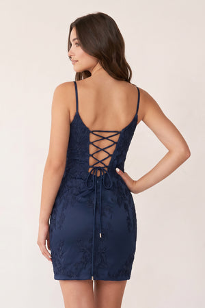 Navy Blue Sheath Lace Short Homecoming Dresses | KISSPROM