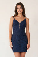 Navy Blue Sheath Lace Short Homecoming Dresses | KISSPROM