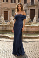 Navy Blue Sheath Off-the-Shoulder Satin Long Formal Dress | KISSPROM