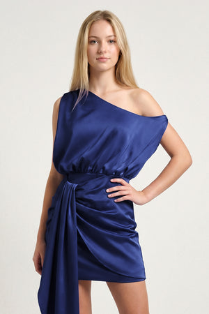 Navy Blue Sheath One Shoulder Satin Homecoming Dresses with Drape | KISSPROM