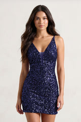 Navy Blue Sheath Sequins Spaghetti Straps Mini Party Dress | KISSPROM