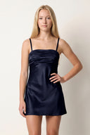 Navy Blue Sheath Spaghetti Straps Satin Homecoming Dress | KISSPROM