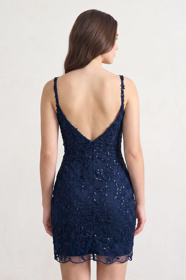 Navy Blue Sheath Spaghetti Straps Sequin Mini Party Dress With Keyhole (2) | KISSPROM