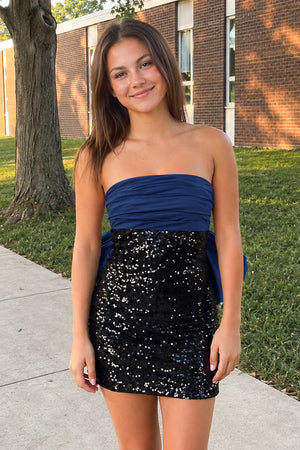 Navy Blue Sheath Strapless Sequined Bow Mini Party Dresses | KISSPROM