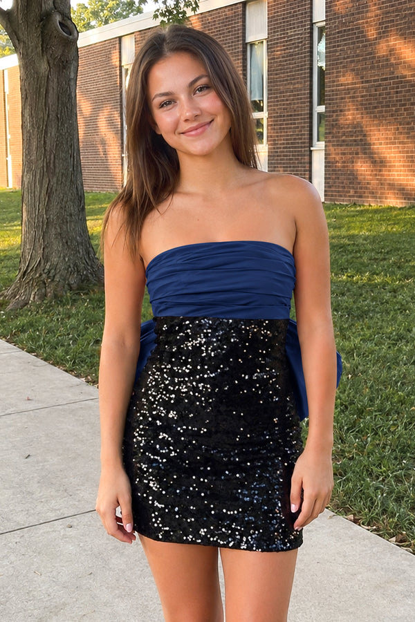 Navy Blue Sheath Strapless Sequined Bow Mini Party Dresses | KISSPROM