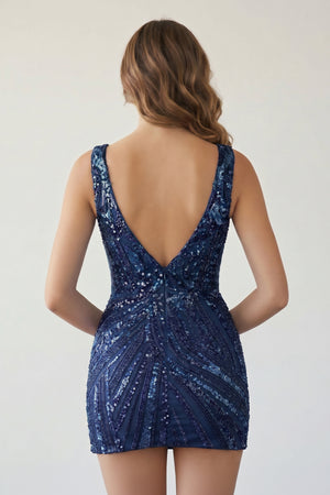 Navy Blue Sheath V Neck Sequined Mini Homecoming Dresses | KISSPROM