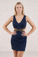 Navy Blue Sheath V Neck Sequins Homecoming Dress | KISSPROM