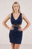 Navy Blue Sheath V Neck Sequins Mini Party Dress With Keyhole | KISSPROM