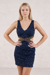 Navy Blue Sheath V Neck Sequins Mini Party Dress With Keyhole | KISSPROM