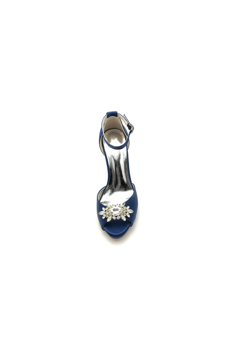 Royal Blue Silk Heels with Crystal Flower Ornament - KissProm