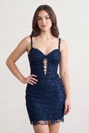 Navy Blue Spaghetti Straps Bodycon Sequin Mini Homecoming Dresses With Keyhole | KISSPROM