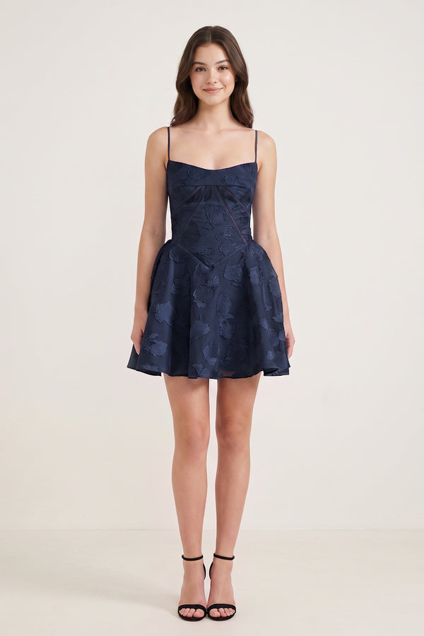Navy Blue Spaghetti Straps Chiffon Jacquard A-Line Homecoming Dress (3) | KISSPROM